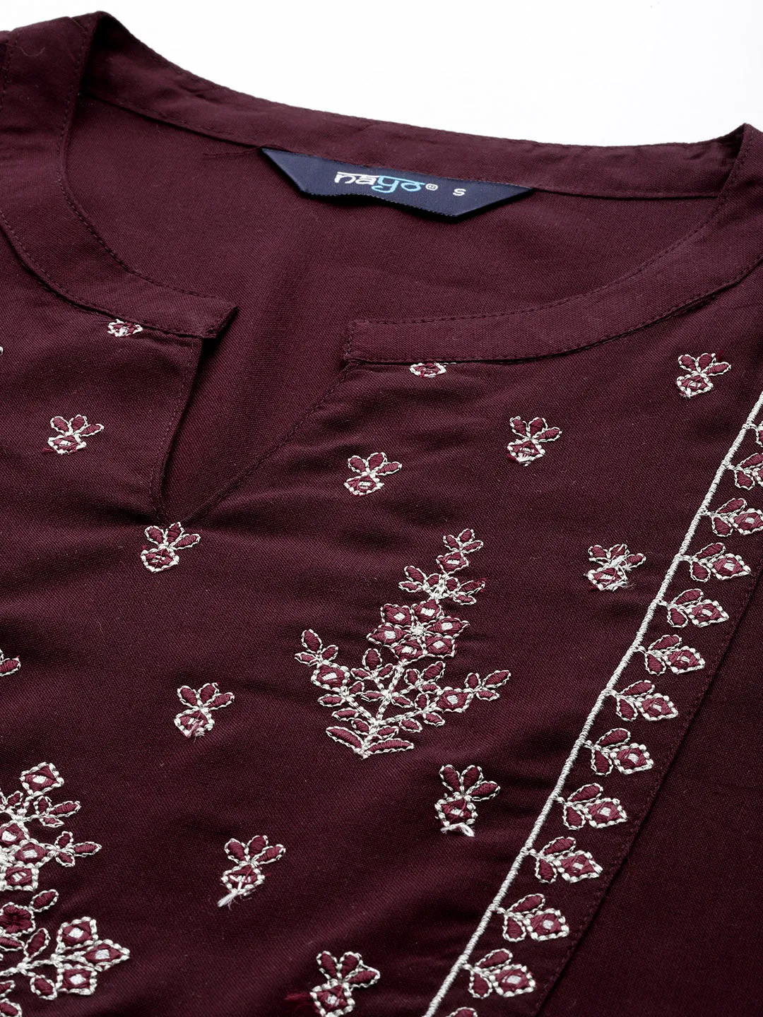 Women Burgundy Embroidered Yoke Straight Tunic With Three Quarter Sleeves