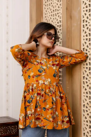 Women Mustard Printed V-Neck Peplum Tunic