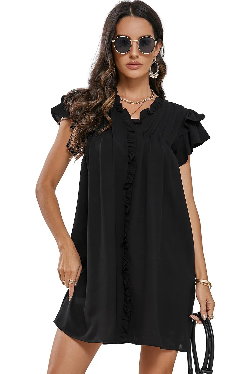 Women's Ruffle Sleeve V Neck Frilled Shift Dress