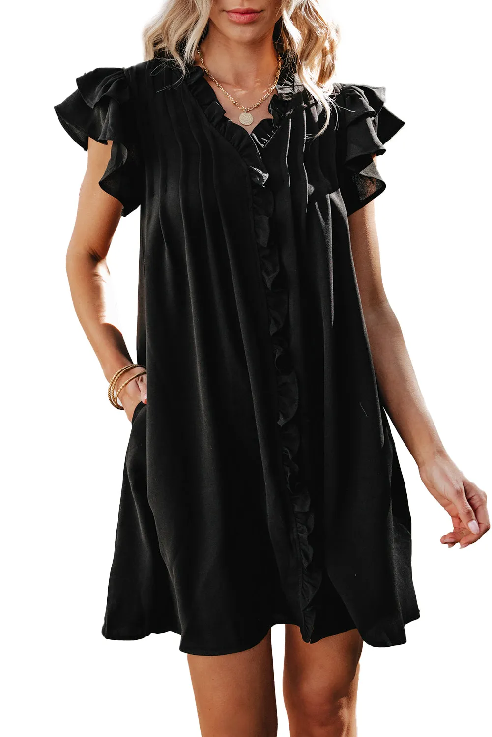 Women's Ruffle Sleeve V Neck Frilled Shift Dress