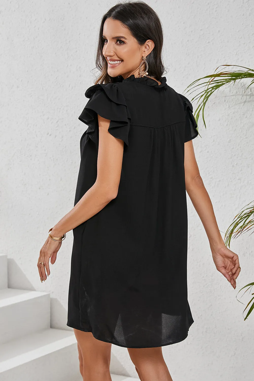 Women's Ruffle Sleeve V Neck Frilled Shift Dress