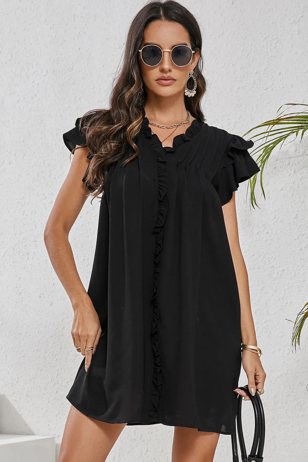 Women's Ruffle Sleeve V Neck Frilled Shift Dress