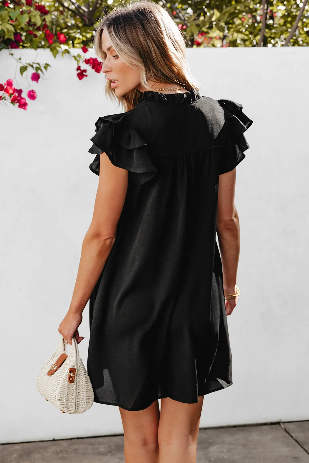 Women's Ruffle Sleeve V Neck Frilled Shift Dress