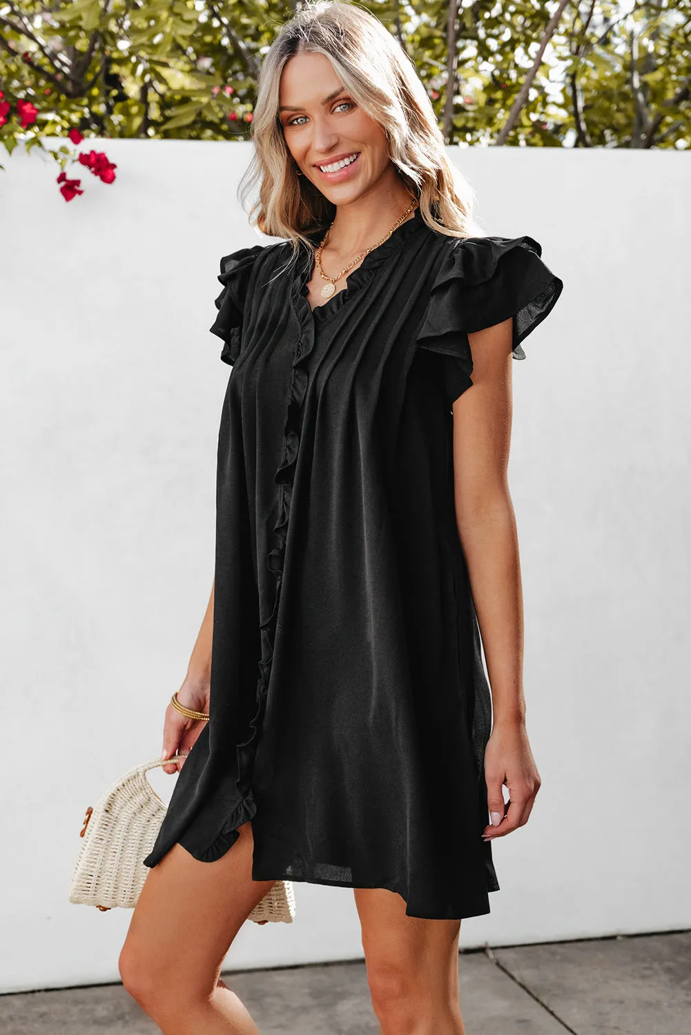 Women's Ruffle Sleeve V Neck Frilled Shift Dress