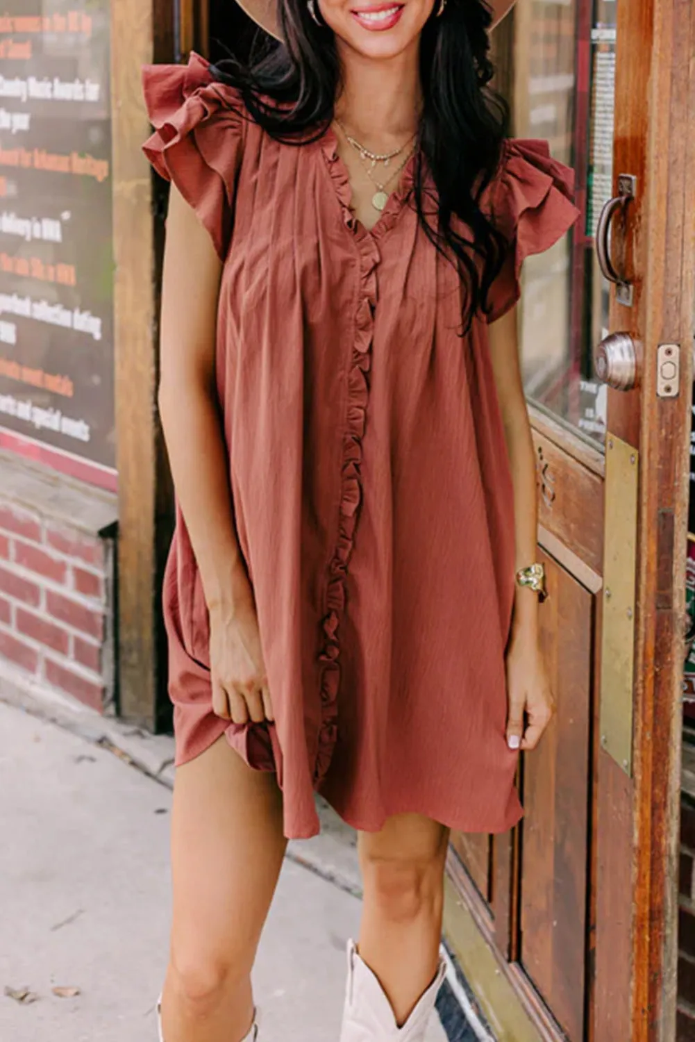 Women's Ruffle Sleeve V Neck Frilled Shift Dress