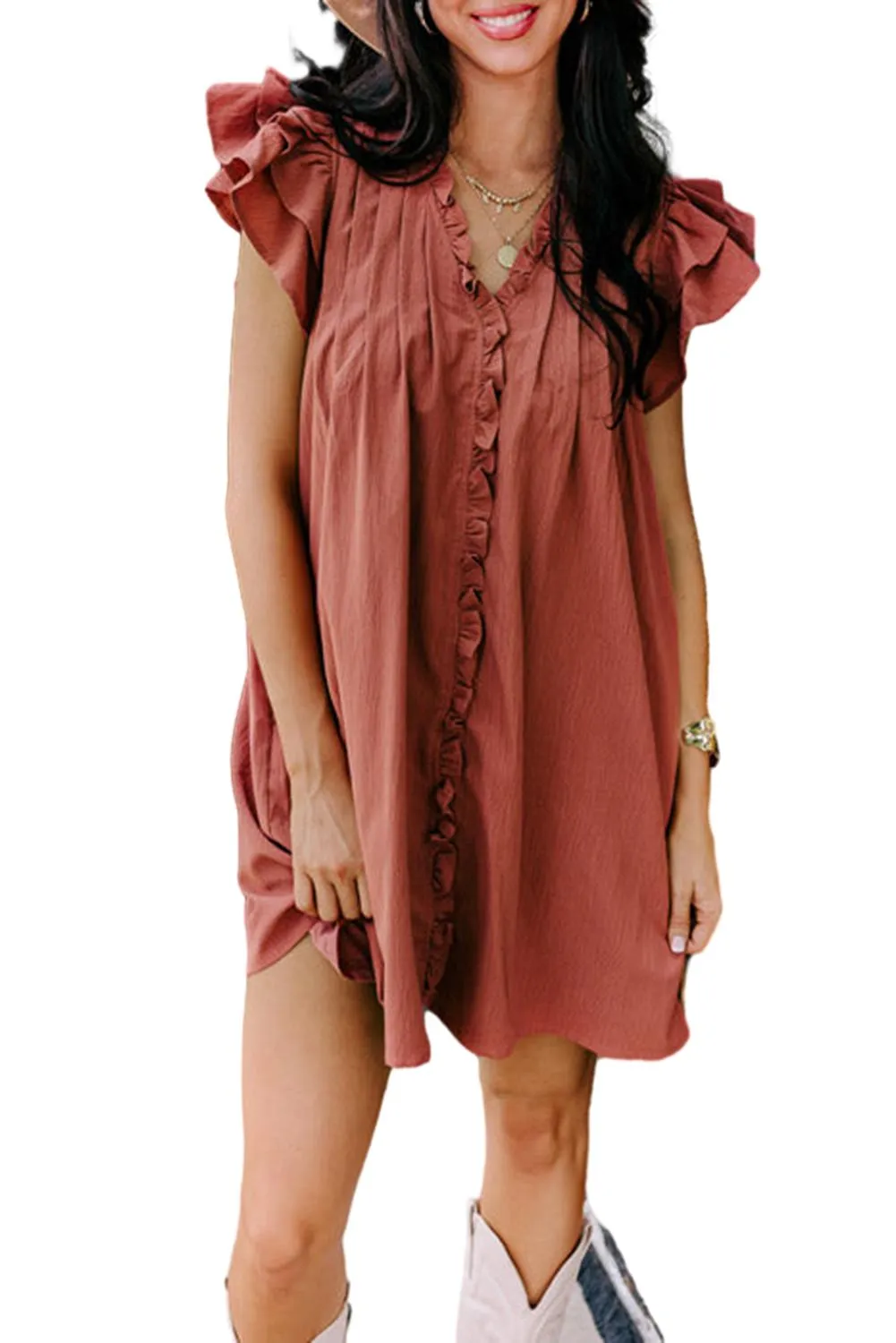 Women's Ruffle Sleeve V Neck Frilled Shift Dress