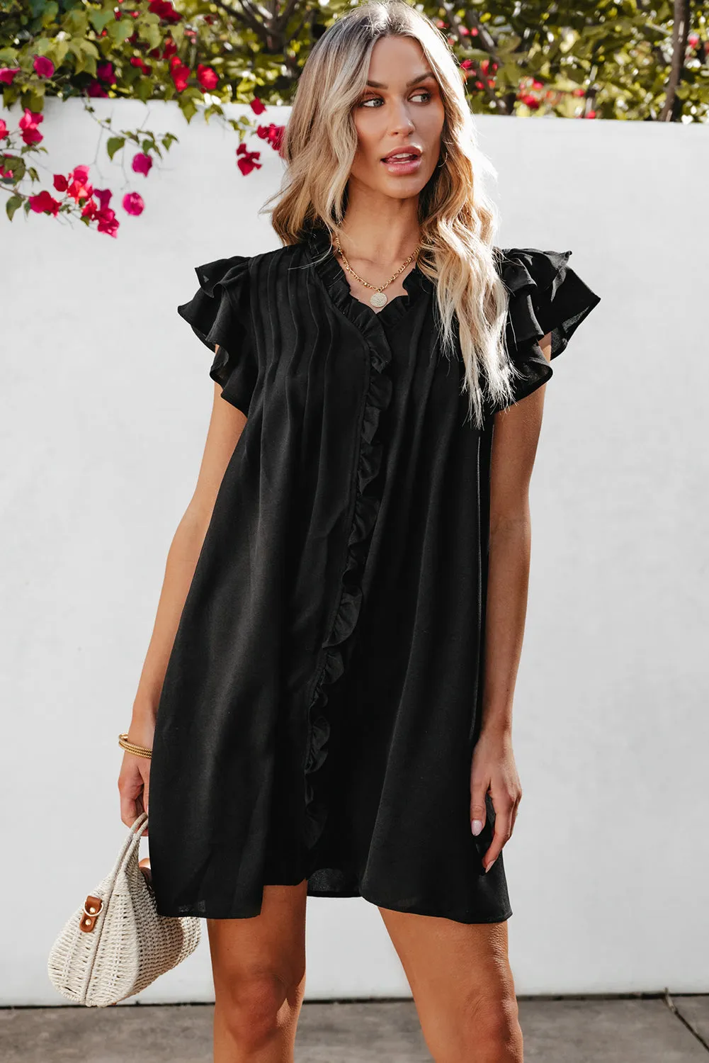 Women's Ruffle Sleeve V Neck Frilled Shift Dress