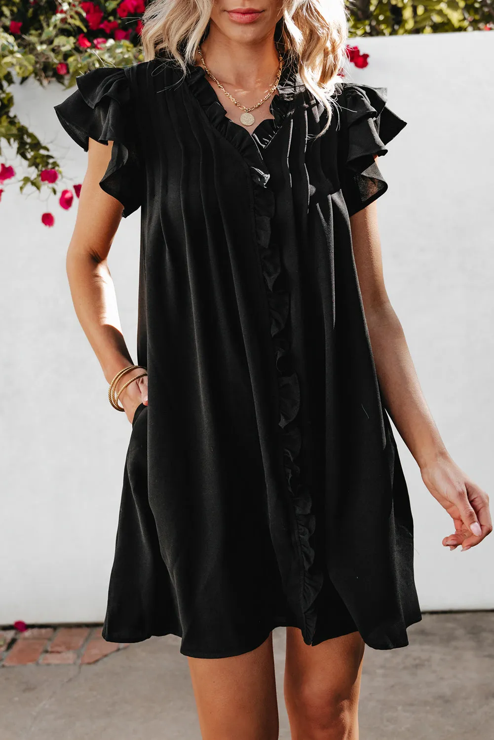 Women's Ruffle Sleeve V Neck Frilled Shift Dress