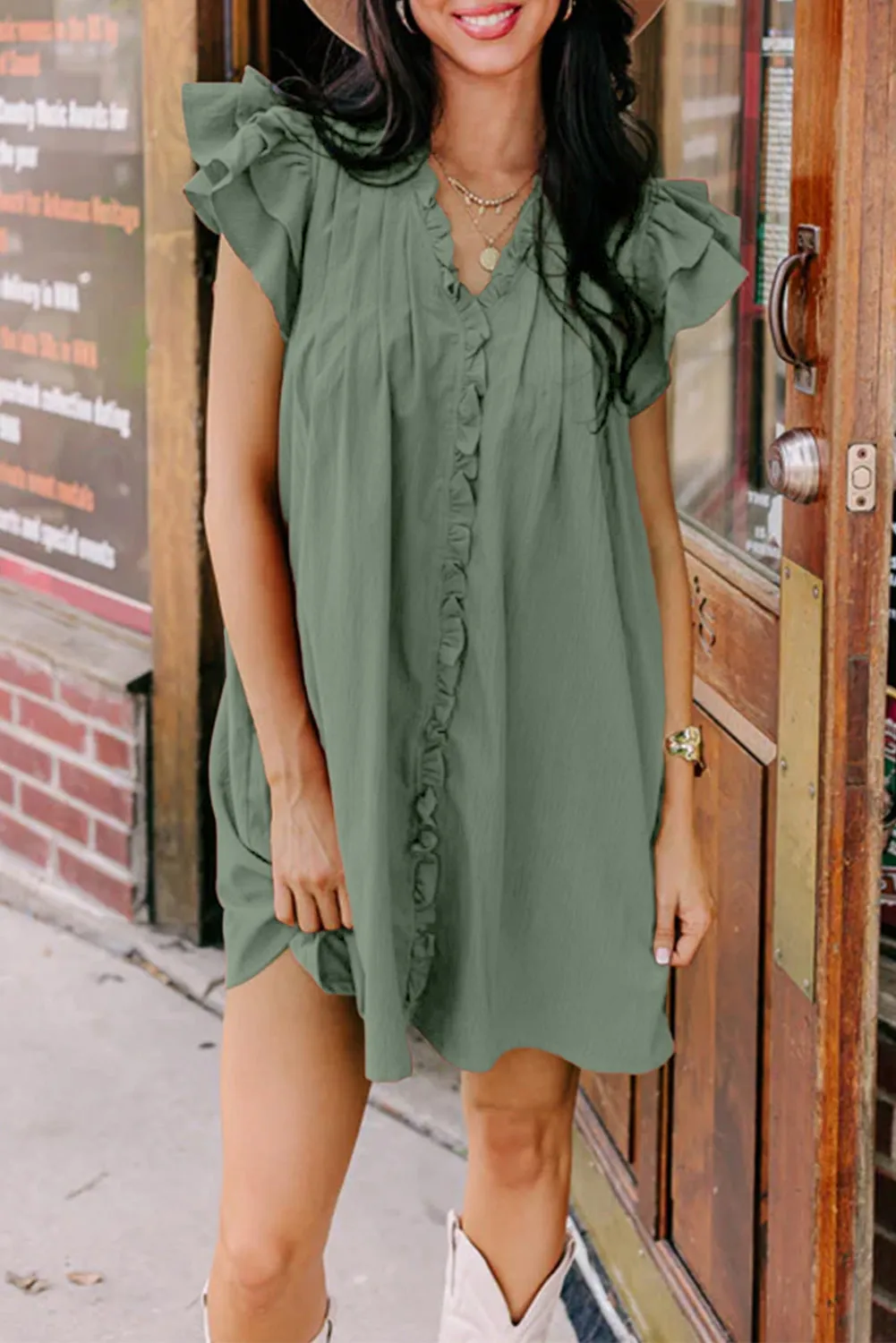 Women's Ruffle Sleeve V Neck Frilled Shift Dress