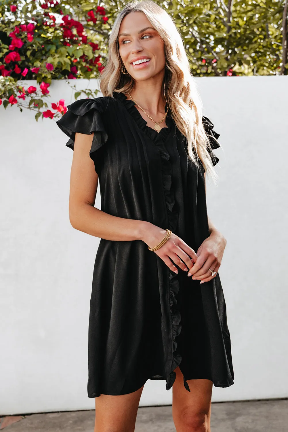 Women's Ruffle Sleeve V Neck Frilled Shift Dress