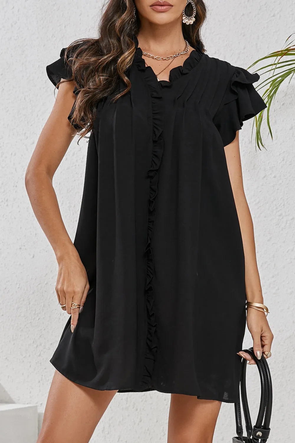 Women's Ruffle Sleeve V Neck Frilled Shift Dress